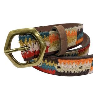 Lucky Brand Womens Size Small Brown Leather Belt Woven Multicolor Embroidery NWT